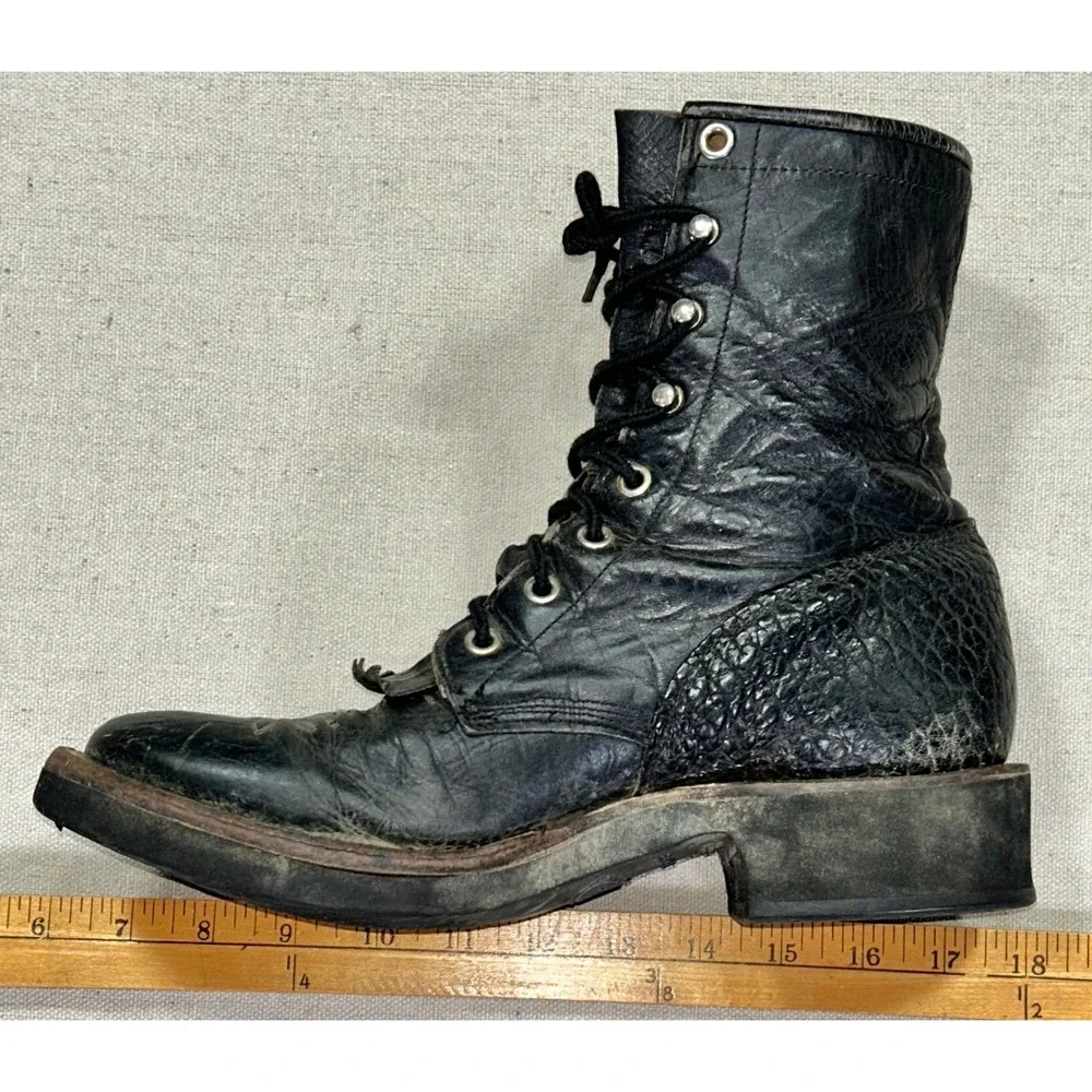 Vintage Justin Men's 8 1/2 B Black Leather Boots Lace‎ Up Speed Lacing Made USA